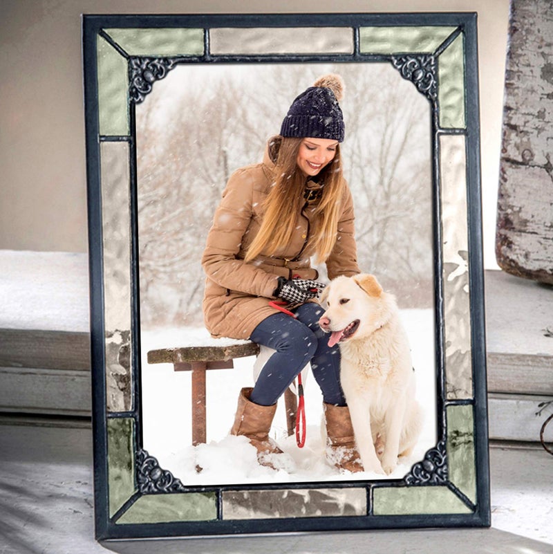 J Devlin Glass Art J Devlin 5x7 Vintage Green Stained Glass Picture Frame â€“ Horizontal or Vertical Photo Display, Handcrafted Decorative Glass Frame with Antique Charcoal Patina - Image 1